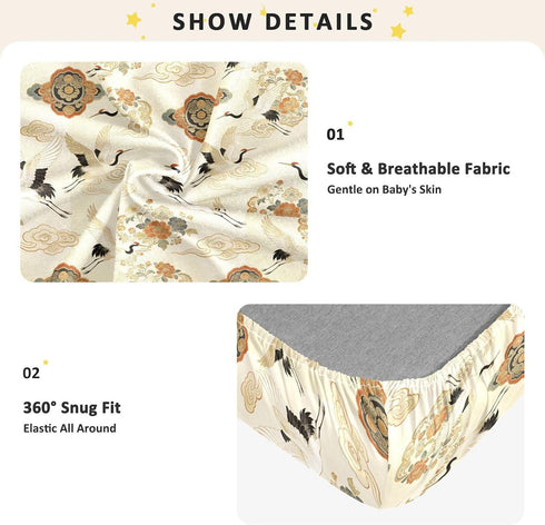 decor gift 1 Pack Japanese Cloud Flower Crane Beige Baby Crib Sheets for Boys Girls Cotton Baby Playard Sheet Soft