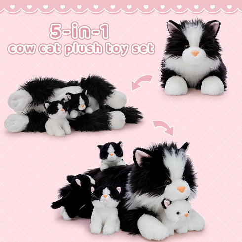 5Pcs Set, 20 inch 4 Tezituor Cat Stuffed Animals Large Realistic Stuffed Cat with Cute Kittens Baby, Soft Black