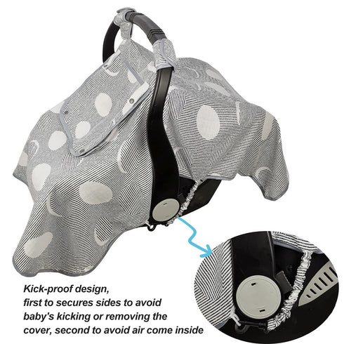 ICOPUCA Muslin Car Seat Covers for Babies, Lightweight Kick Proof Canopy, Black Strip Polka, Fits Summer/Autumn/Spring