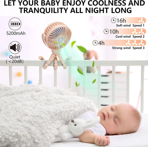 360 snawowo Mini Portable Baby Stroller Fan, Battery Operated Clip on Fan, Rechargeable Rotate Flexible Tripod Handheld