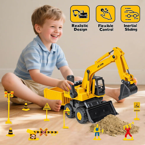 3 1 3-5, Playset Kids Construction Toys for Boys - in Excavator, Crane and Dump Trucks with Road Signs for Toddlers