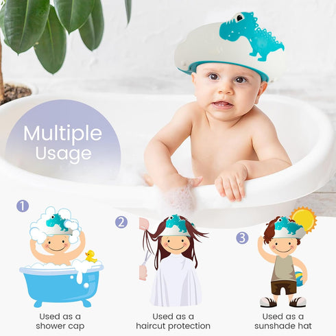 FUNUPUP Baby Shower Cap with Bath Rinse Cup, Adjustable Toddler Hair Washing Shield Hat (Dinosaur Blue)