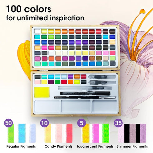 TIKSPCAE Set,100 Watercolor Paint Colors in Nature Bamboo Box,Portable Water Colors Kit with Papers and Brush