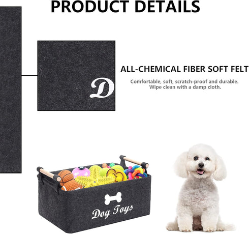 Geyecete Dog Toys Storage Bins with Wooden Handle, Collapsible Pet Supplies Storage Basket (DOG-Dark Grey)
