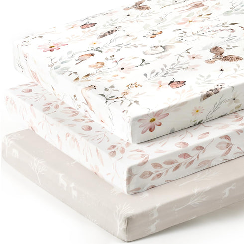 Stretchy Ultra Soft Jersey Knit Fitted Pack n Play Sheets, 3 Pack, Beautiful Blush Pink Floral