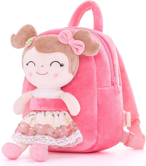 Gloveleya Toddler Backpack - Baby Girl Gift Plush Diaper Bag with Spring Girl Doll, Pink 9 Inches