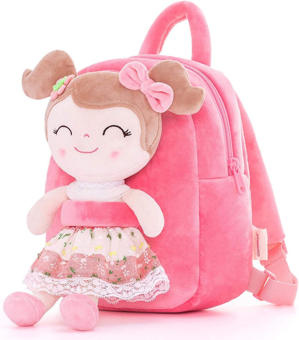 Gloveleya Toddler Backpack - Baby Girl Gift Plush Diaper Bag with Spring Girl Doll, Pink 9 Inches