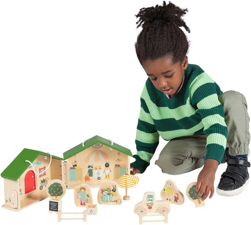 Manhattan Toy Farmer’s Market Day - 12-Piece Portable Wooden Toy Figure Pretend Shopping Playset