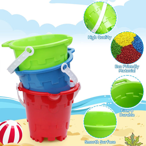 7" Summer (3PCS) Beach Sand Toy Bucket Gear For Kids Adult, Plastic Beach Castle Mold Buckets, Sand Pail Water Bucket