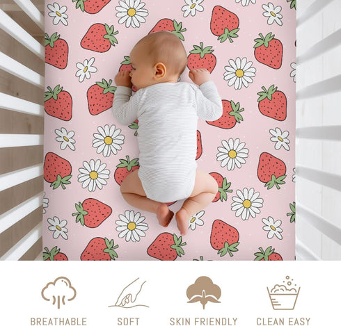Selgkds 52''x28'' Summer Cute Strawberry Daisy Baby Crib Sheets for Boy Girl Red Strawberries Floral Soft Snug Fitted