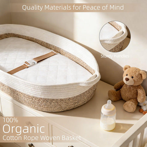 Baby Changing Basket with Diaper Changing Pad, Breathable & Waterproof Dual-Cover Foldable Portable Travel Cotton Rope