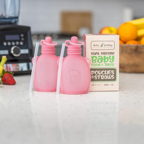 Reusable Baby Food Pouches – 5oz Leakproof Squeezy Self Feeding Toddler Sippy Cup with Straw – Freezable Silicone Breast Milk Storage Feeder Bottle for Puree, Juice, Smoothies & More – Pink, 2 Pack by Better EcoBaby