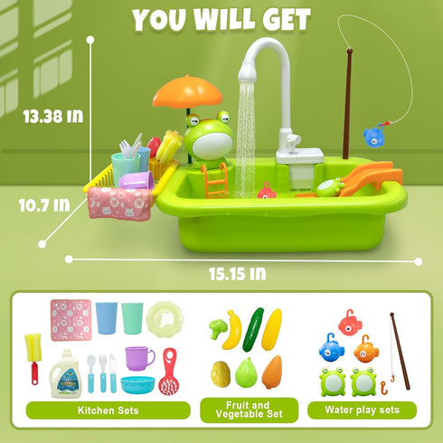 Aukful Play Sink with Running Water,Kids Sink Toy with Automatic Water Cycle System,Sink Fishing Game Toy with Food