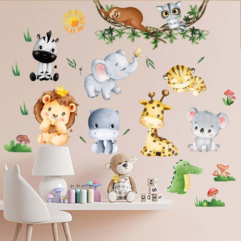 Jungle Baby Animals Wall Stickers - Elephant Lion Tiger Giraffe Wall Decals - Nursery Kids Girls Boys Room Daycare