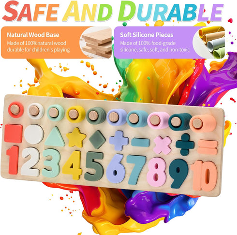 Counting 3 4 5 Silicone Montessori Number Puzzle Toys for Toddlers, & Shape Sorting Educational Toy for Year Old Boys