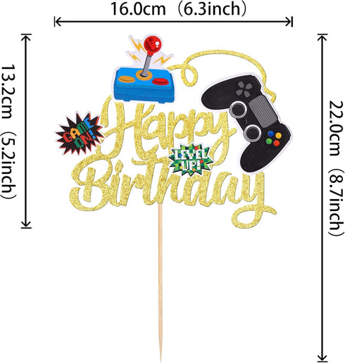 1 PCS Video Game Cake Topper Glitter GamePad Game On Controllers Happy Birthday Cake Pick for Game Theme Baby Shower Kids Boys Girls Birthday Party Cake Decorations Supplies Gold