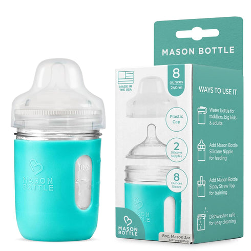 Mason Bottle Glass Baby Bottle DIY Kit, Fits 8oz Mason Jars, Includes 2X Slow Flow Nipples, Silicone Sleeve