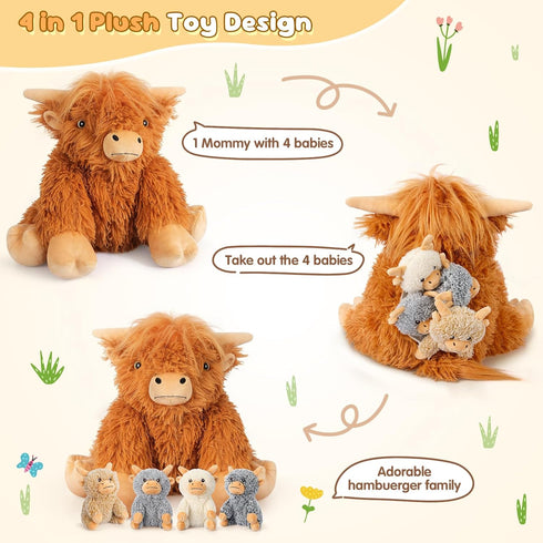 5-in-1 5PC Set Mommy 4 3 8 SuzziPals Highland Cow Stuffed Animals with Babies Inside, Highland Cow Plush & Babies, Soft