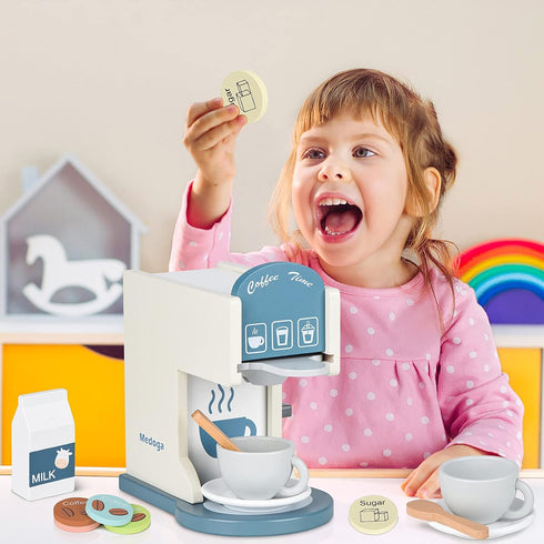medoga Sets Play Kitchen Accessories Kids Wooden Coffee Maker Toy Espresso Machine Toddler Toy Kitchen for Girls
