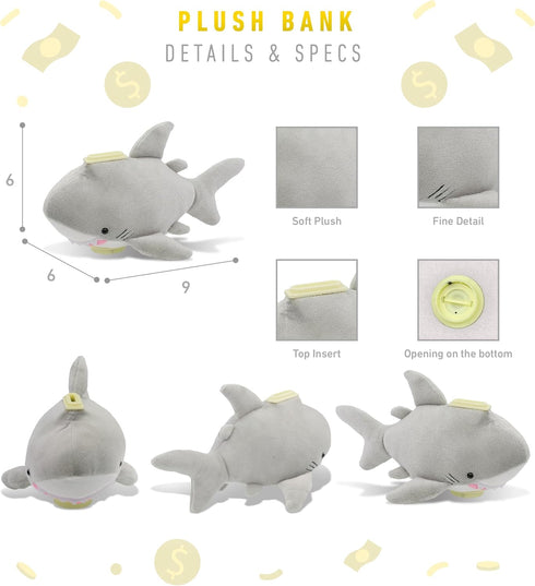 DolliBu Gray Shark Plush Coin Bank, Soft Stuffed Piggy Bank, 9 Inches