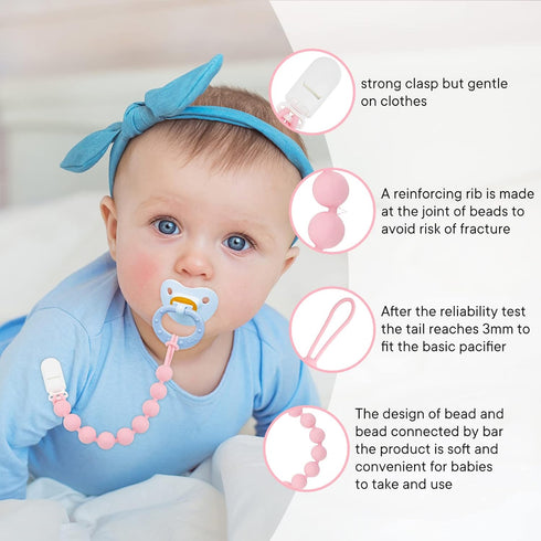 4 Pack MINMUNJIU Silicone Pacifier Clip Holder, One Piece Soft Flexible Binky Clips Pacifier Holder Clip for Girls