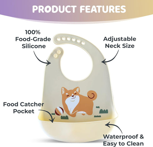 Happy Snails Silicone Baby Feeding Bibs Waterproof, BPA-Free, Soft & Adjustable with Crumb Catcher Easy to Clean