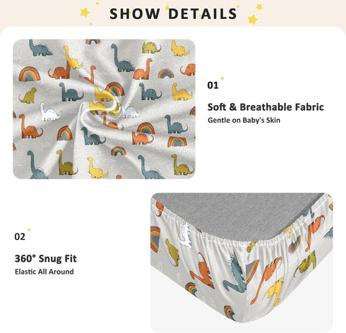 miaozhen 1 Pack 52x28 Cotton Baby Crib Sheets Ultra Soft Wildlife Brontosaurus Rainbow Gray Muslin Crib Bedding