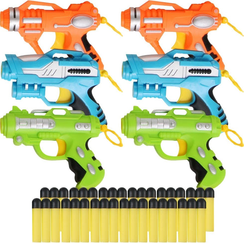 6 Pack Mini Foam Dart-Firing Blasters - Micro Toy Guns with 36 Darts, Nerf Compatible Bulk Party Favors for Kids