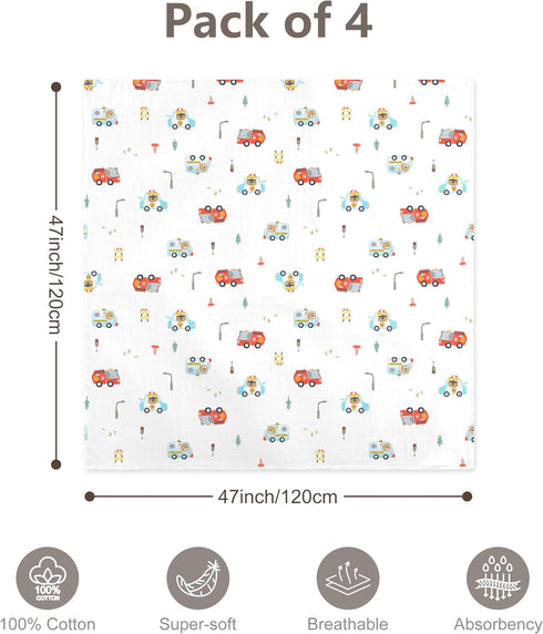 4-Pack 100% 47 47 Inches Cotton Muslin Swaddle Blankets, Large x Breathable Soft Receiving Blankets for Newborns