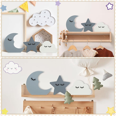Briwooody 3 Pcs Moon Stars and Cloud Celestial Nursery Decor Bohemian Wood Nursery Shelves Decoration Wooden Nordic