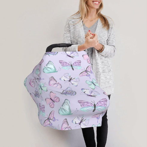 Schgap Purple Butterflies Car Seat Cover Canopy for Babies, Nursing Cover Breastfeeding Baby Carrier Cover Stroller