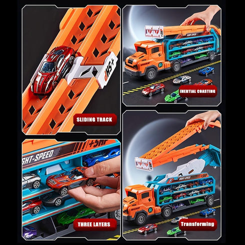 2-Layer Playset 25" 6 3-8 Carrier Truck Transport Toy, Foldable Car Race Track with Track & Metal Cars, Birthday Gift