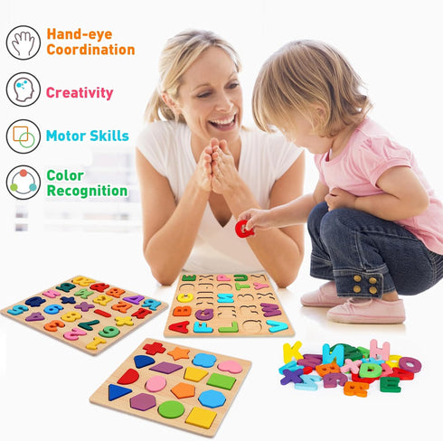 Wooden Puzzles for Toddlers 1-5 Years Old, Alphabet, Number, and Shape Educational Learning Toys Set