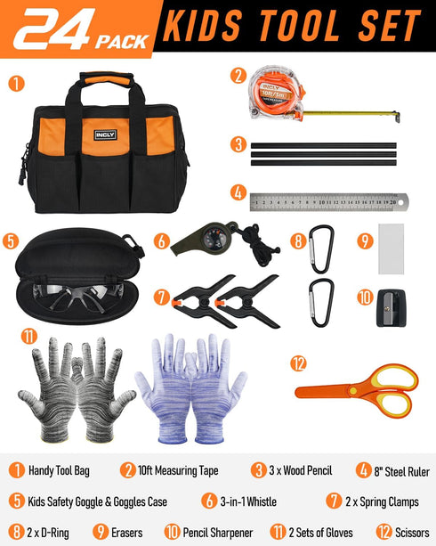 INCLY 24 PCS Kids Real Tool Set with Tool Bag, Boys Small Real Hand Tools Kit for Home DIY Building and Woodworking