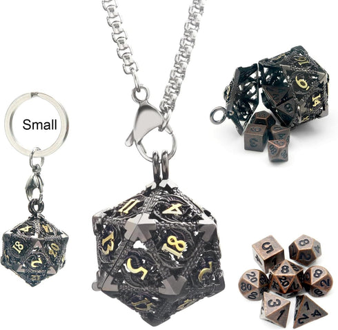 Haxtec Mini Metal DND Dice Set - 20mm Black Gold Hollow D20 Necklace with Antique Tiny Copper Dice