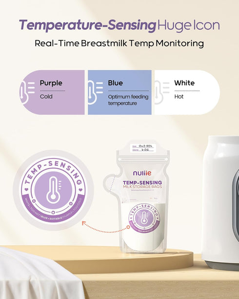 100pcs 6oz Nuliie Temp-Sensing Breastmilk Storage Bag, Huge Temp-Sensing Icon & Locking Clamp, Breast Milk Storage Bags