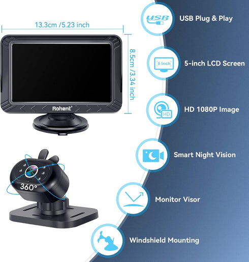 Rohent 5-Inch 1080P, Baby Car Camera - HD Night Vision, Easy Install, Rear & Forward-Facing Seat Camera, USB Powered