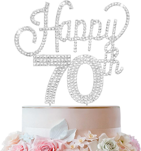 LINGTEER Happy 70th Birthday Silver Rhinestone Cake Topper - Cheers to Seventy Years Old Anniversary Party Cake