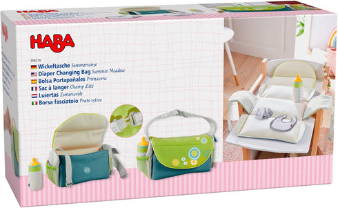 Summer 18 HABA Baby Doll Diaper Bag with Soft Bottle & Reusable Cloth Doll Diapers, Folds into Changing Mat, Meadow