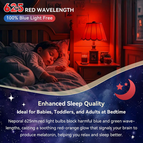 625nm Bulbs 3W, 100% Bulbs A19 40W Bulb 2PK Neporal Red Light for Sleep Blue Light Blocking for Melatonin Promote, Eq.