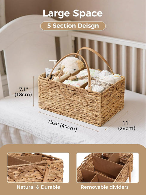 Diaper Caddy Organizer, Hand Rattan Nursery Storage Basket for Baby Essentials, Baby Changing Table Organizer Perfect