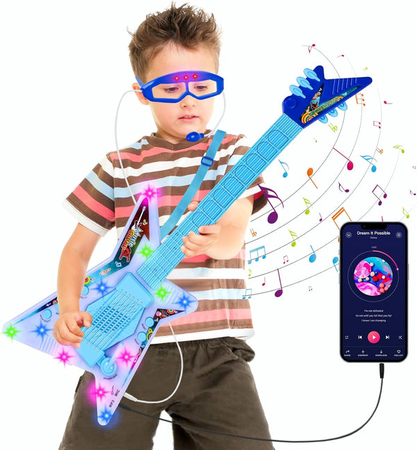 KAYOMIPE Guitar and Microphone Play Set with Glasses,Music Toys with Music&Light,Kids Karaoke Machine,Music