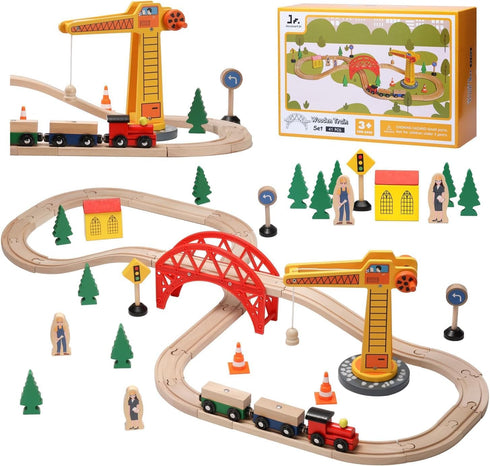 SainSmart Jr. Wooden Train Set for Toddler, 41pcs Wood Train Track w/Crane