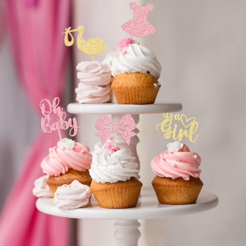 Gyufise 36 Pack Oh Baby Cupcake Toppers, It's a Girl Cupcake Toppers with Bow Dress Glitter Cake Picks for Baby Shower