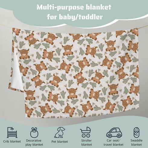 Highland Cow Boho Cactus Baby Blanket, Boys Cow Lover Gift, Western Cowboy Desert Plant Flannel Fleece Nursery Bed