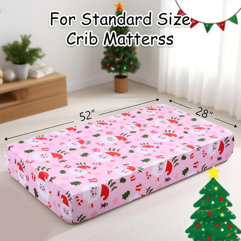 52" 28" Christmas Crib Sheet, Baby Fitted Crib Sheet with Santa Claus, Christmas Trees, Gingerbread, Measuring x to fit