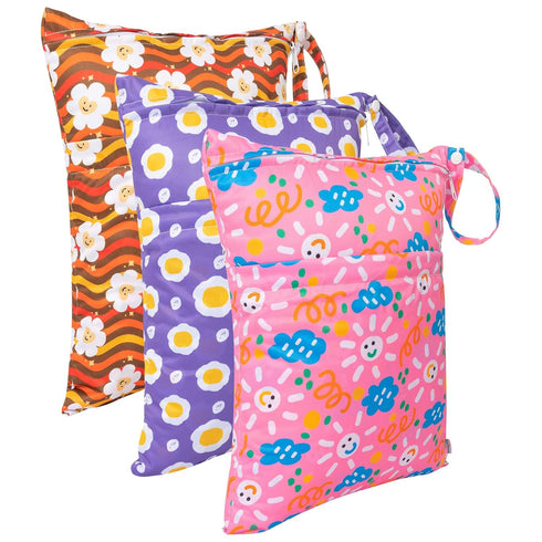 3 Pack 3LN07 babygoal Wet Dry Bags for Baby Cloth Diapers, Washable Travel Bags, Beach, Pool, Gym Bag for Swimsuits