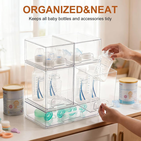 Rolheit 5 Pack Countertop, Baby Bottle Organizer - Stackable Clear Drawers with Labels, Baby Storage Solution Container