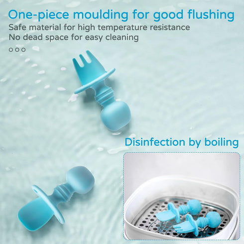 Silikong Silicone Utensils - Baby Fork and Spoon Set, Training Utensils for Ages 6 Months, Blue