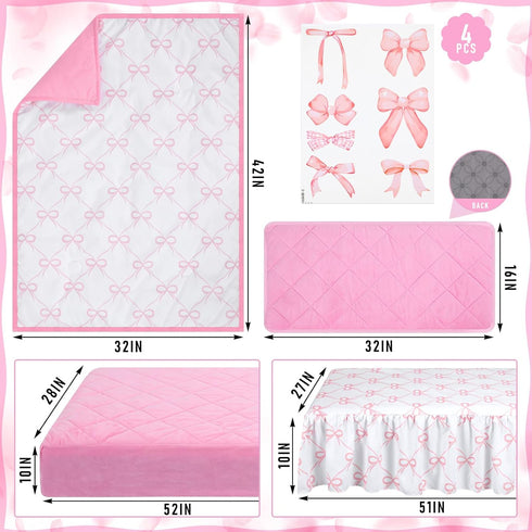5 Set SmoothNovelty Pcs Pink Bow Crib Bedding Include Print Crib Sheets Bed Skirt Comforter Pad Cover Wall Stickers